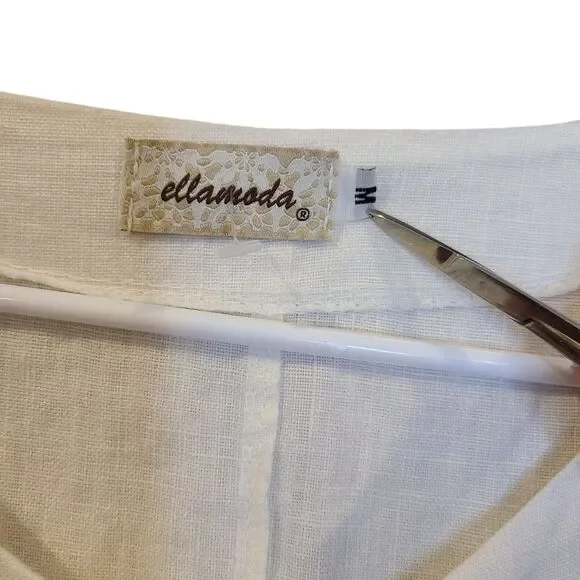 Ellamoda Linen Dress Women Medium White Oversized Pockets Lagenlook Button Front - Picture 3 of 7